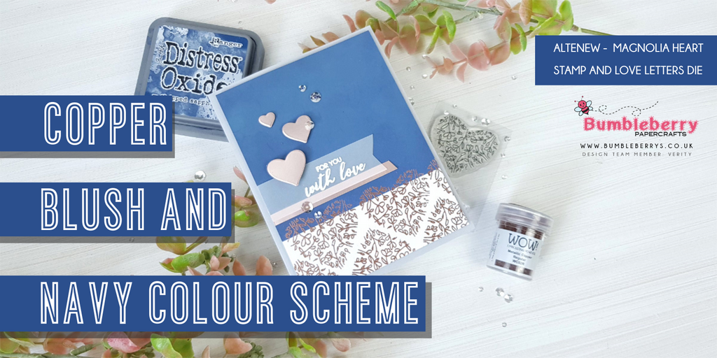 Couleurs cuivre, blush et bleu marine (tampon et matrices Altenew)