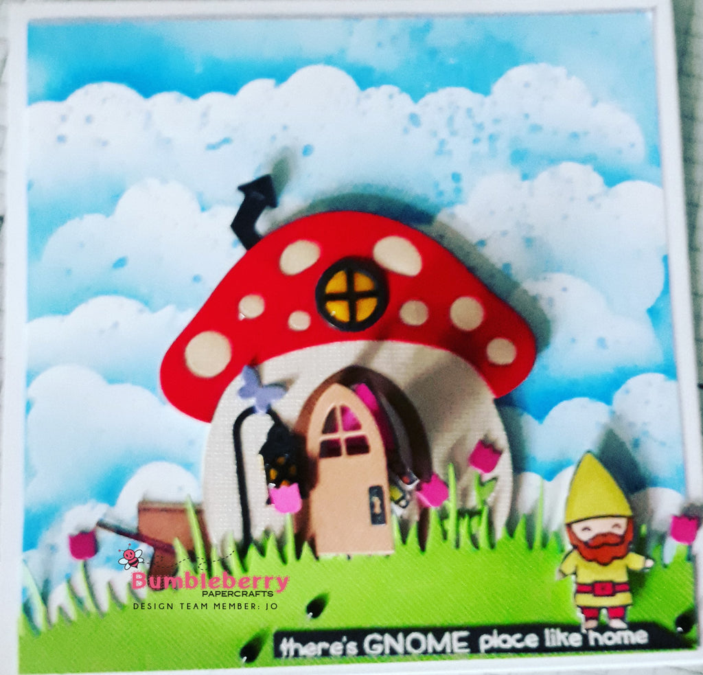 Il y a Gnome Place Like Home... Jolie carte interactive utilisant des tampons et des matrices Lawn Fawn.