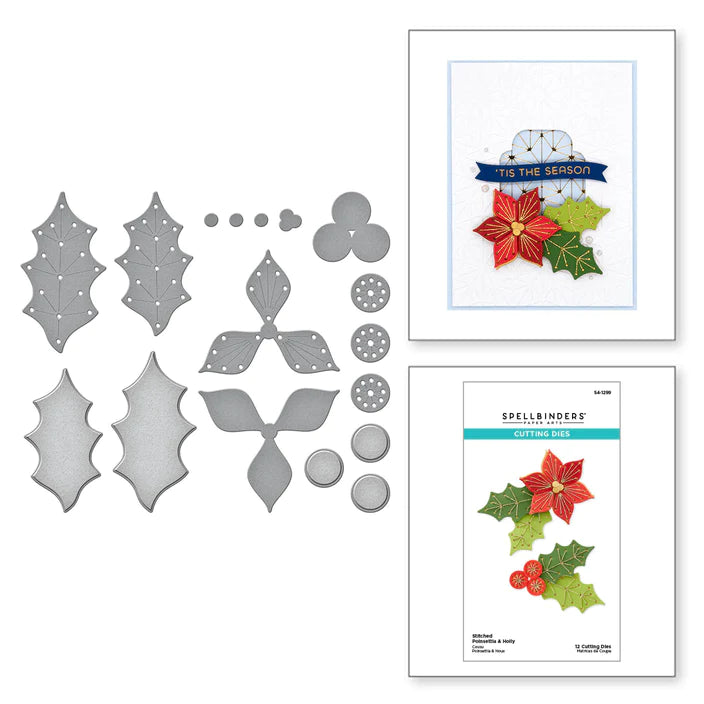 Matrices de découpe Poinsettia et Holly cousues de la collection de Noël.