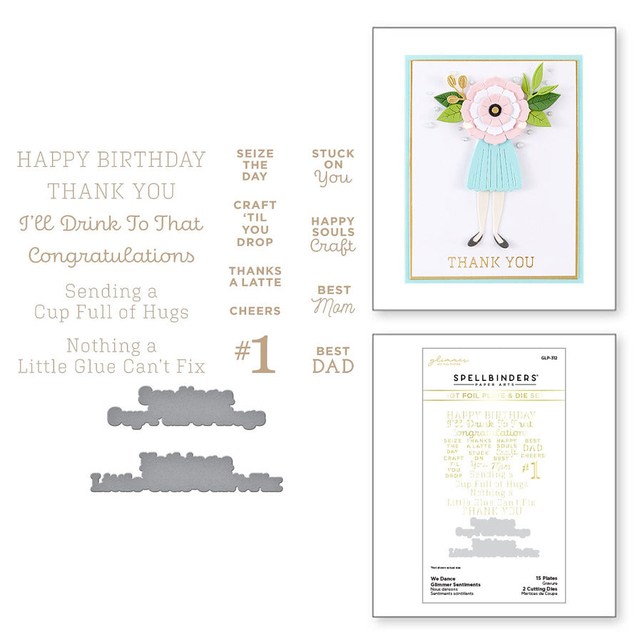 We Dance Glimmer Sentiments Glimmer Hot Foil Plate & Die Set de la collection Happy Dance