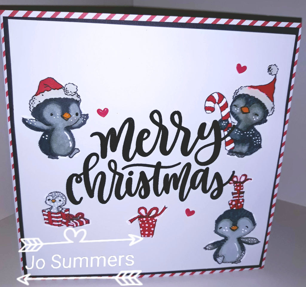 Candy Land Papers from MFT and Sweet Holiday Penguins Stamps, come together to Create a Cute Christmas Card