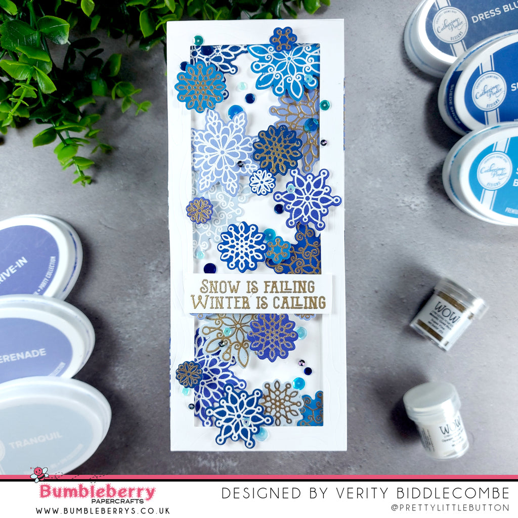 Slimline falling snowflakes using the NEW Scrolling Snowflakes stamp & die set | Catherine Pooler Designs