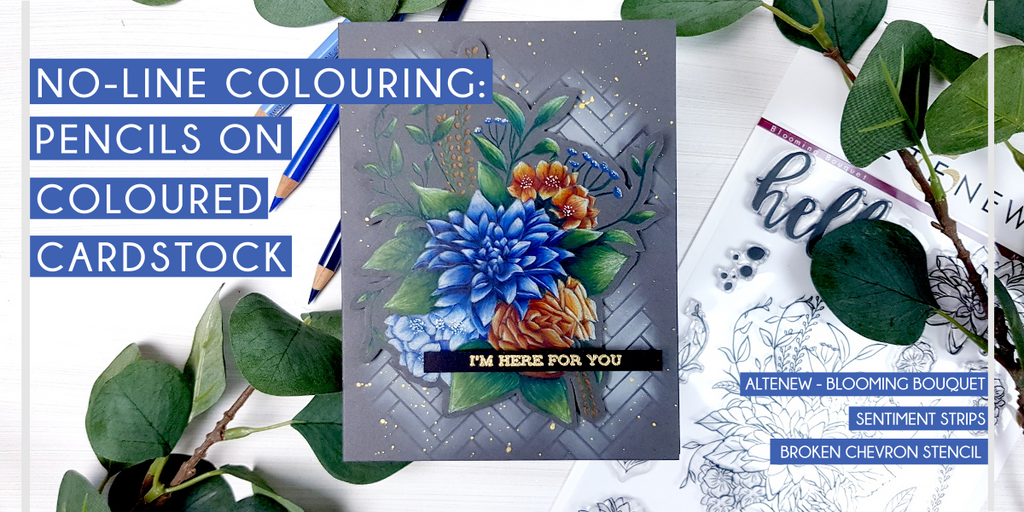 Coloriage au crayon sans trait sur papier cartonné de couleur foncée - Altenew Blooming Bouquet 