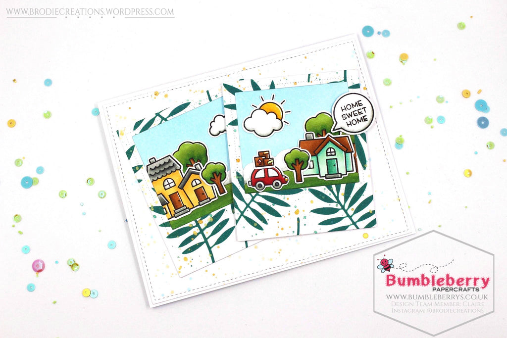 Carte Happy New Home utilisant le jeu de tampons « Happy Village » de Lawn Fawn !