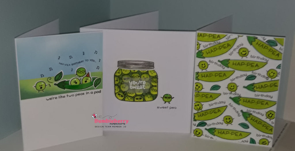 Be Hap-pea adorable stamps from Lawn Fawn, in three easy Peasy ways to make a card.