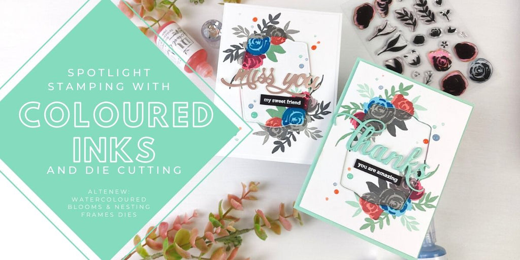Spotlight stamping with coloured inks and die cutting: Altenew Watercolored Blooms