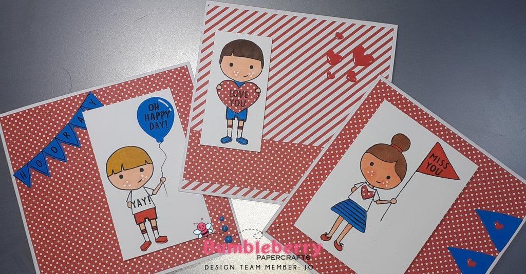 Création de trois jolies cartes pour petits enfants avec Petite Pal (Concord et 9e) en utilisant une combinaison de couleurs de rouge, blanc et bleu. 