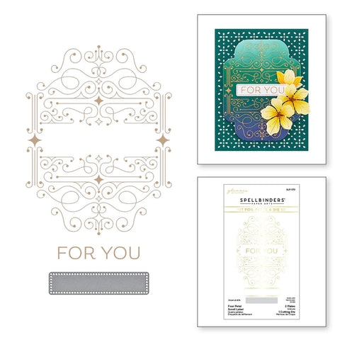 Four Petal Scroll Label Glimmer Hot Foil Plate & Die Set from the Four Petal Collection