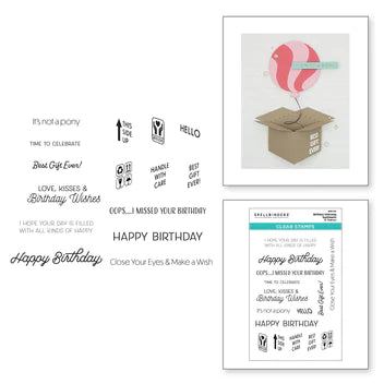 Ensemble de tampons transparents Birthday Unboxing Sentiments de la collection Birthday Celebrations